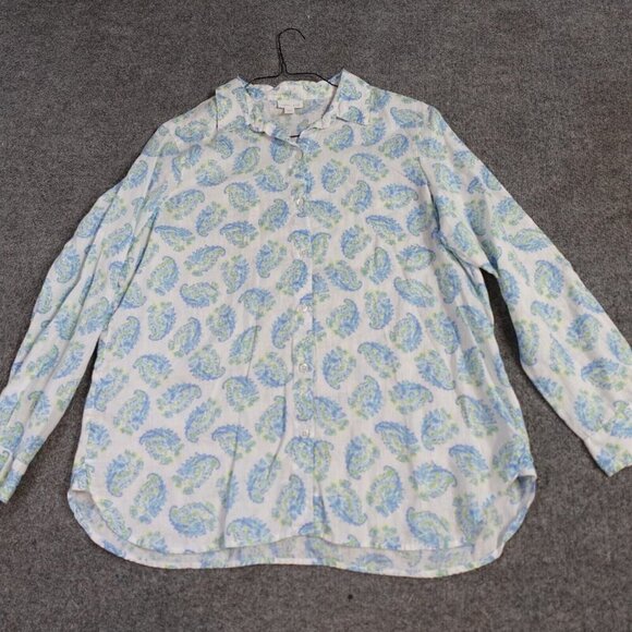 J. Jill Shirt Medium White Blue Paisley All Over Print 100% Linen - Picture 1 of 9